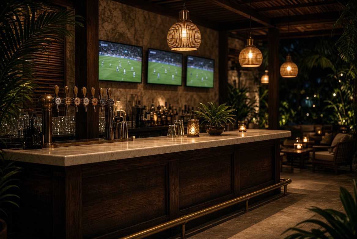 A sports bar with a long timber counter, beer taps and screens
